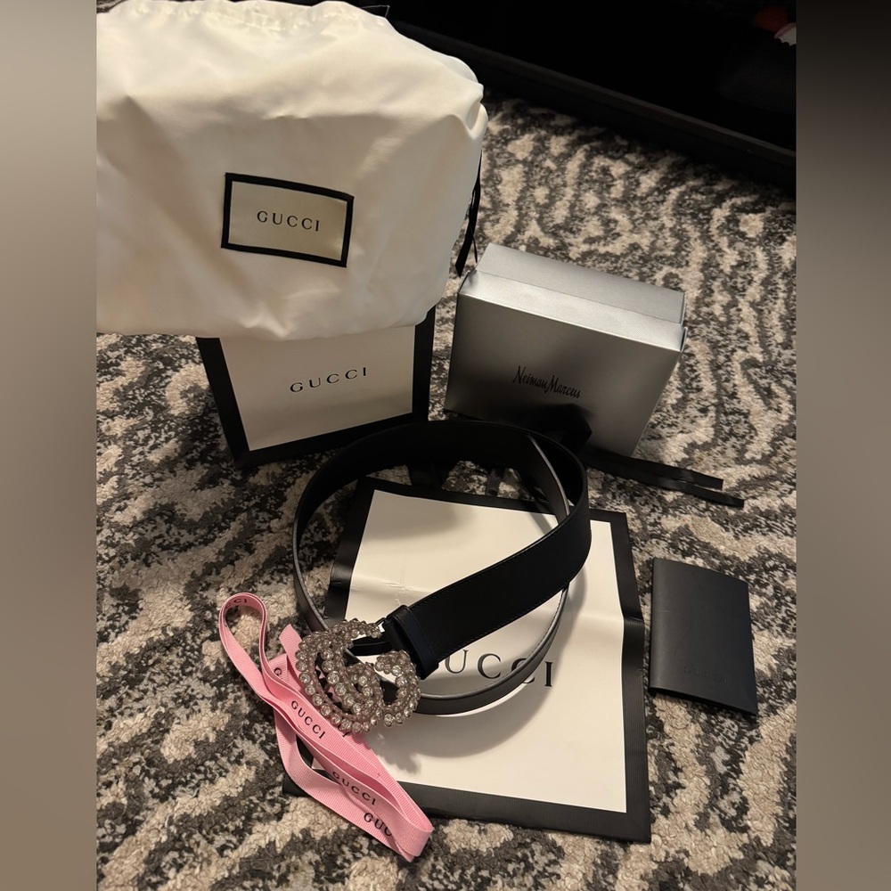 Gucci Black Belt with Pearl Accent Buckle